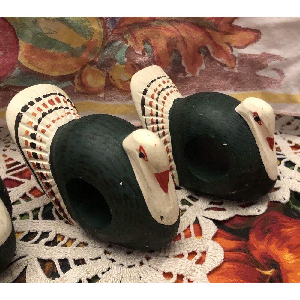 Vtg Hand painted Wooden Turkey Birds Napkin Ring Holders Set of‎ 4 Thanksgiving - Picture 4 of 15